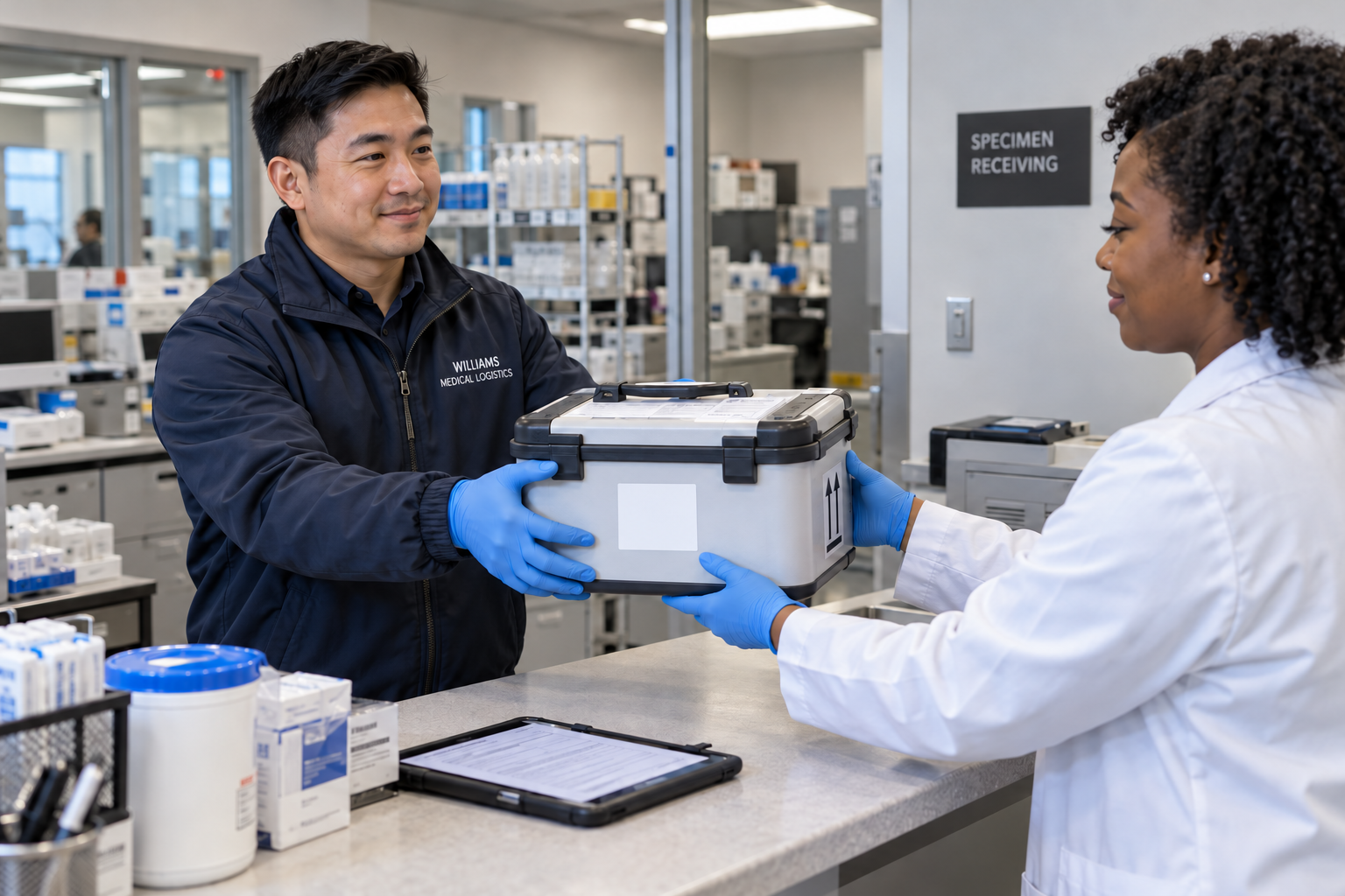 Illustrative gloved male courier and lab technician receiving a sealed specimen case
