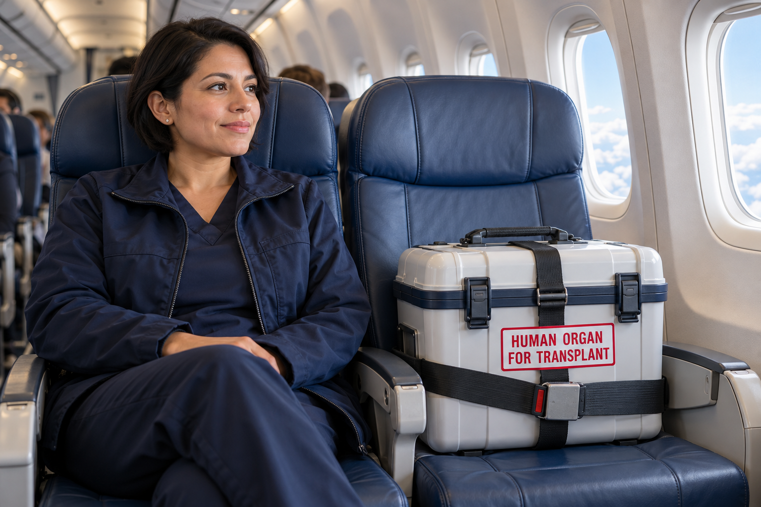Illustrative woman seated onboard beside a secured sealed organ transport case